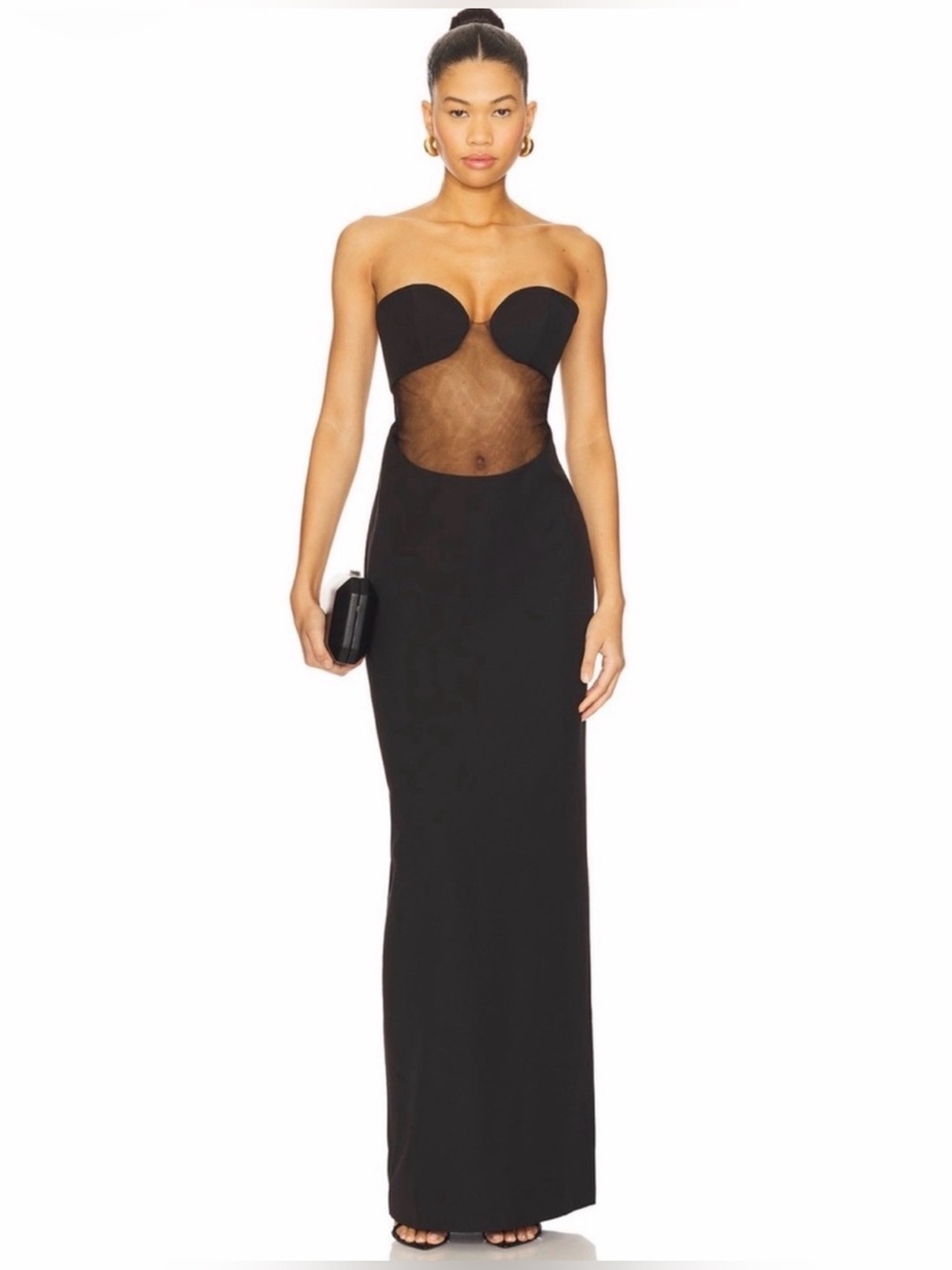 NBD Revolve Black Jayla Strapless Mesh Waist Long Sweetheart Gown Size Small NWT